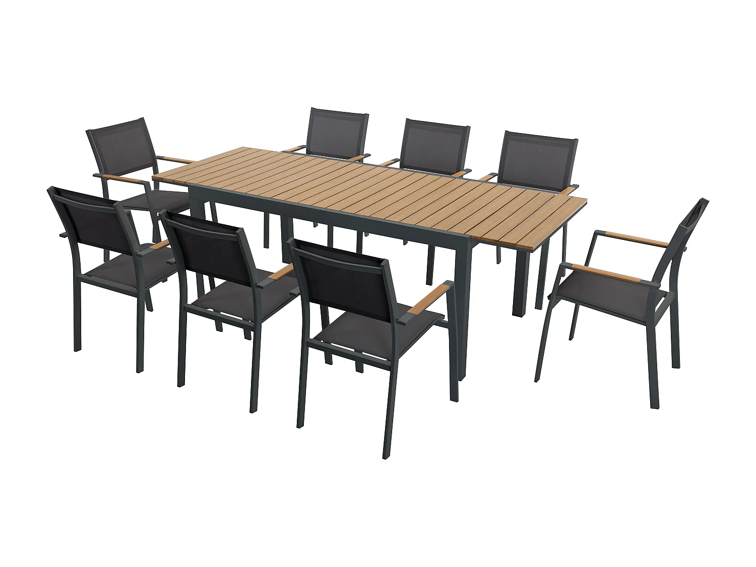 Salle à manger de jardin en aluminium et polywood : une table extensible L.170/230 cm et 8 fauteuils empilables - Naturel clair et anthracite - MACILA de MYLIA