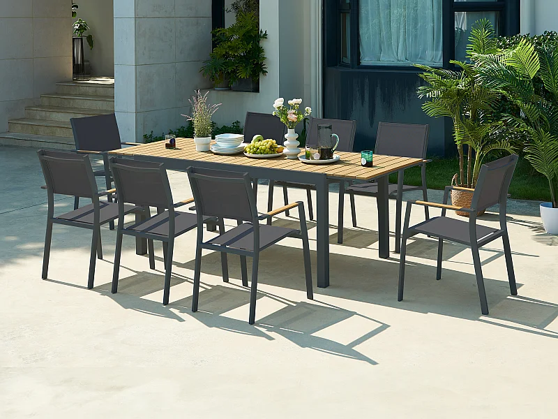 Salle à manger de jardin en aluminium et polywood : une table extensible L.170/230 cm et 8 fauteuils empilables - Naturel clair et anthracite - MACILA de MYLIA