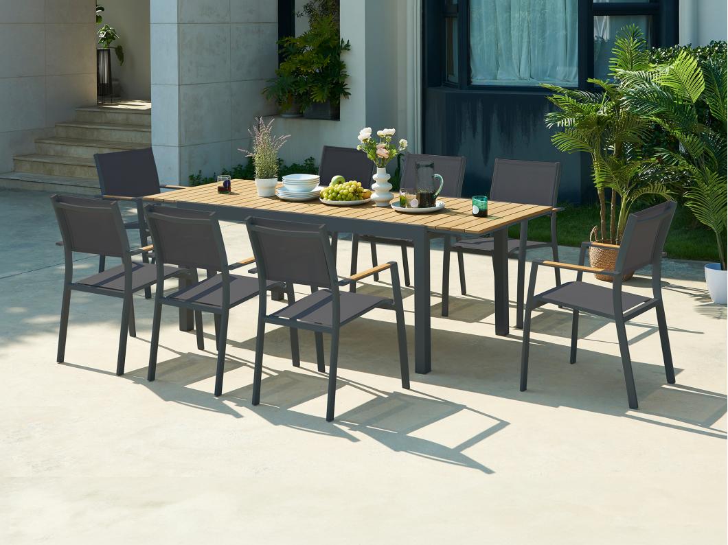 Salle à manger de jardin en aluminium et polywood : une table extensible L.170/230 cm et 8 fauteuils empilables - Naturel clair et anthracite - MACILA de MYLIA