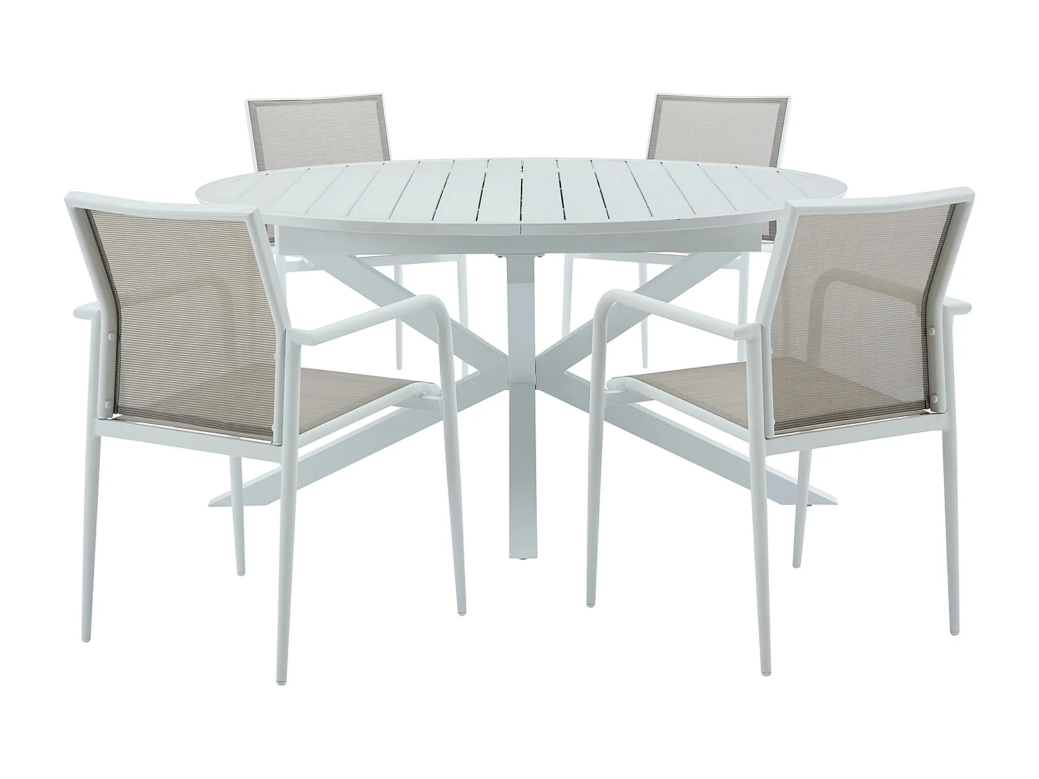 Salle à manger de jardin en aluminium : une table extensible L.150/200 cm et 4 fauteuils empilables - Gris clair et blanc - YOHA de MYLIA