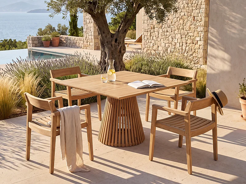 Garten Essgruppe aus Teakholz: 1 Tisch 135 cm + 4 Sessel - Holzfarben hell - TRIANI von MYLIA