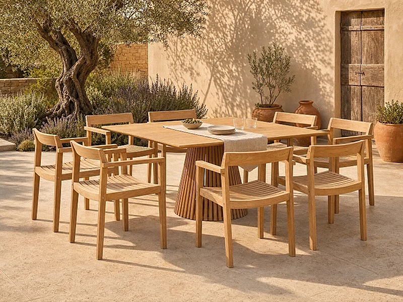 Tuineethoek van teakhout: 1 tafel L135 cm + 8 fauteuils - Licht naturel - TRIANI van MYLIA