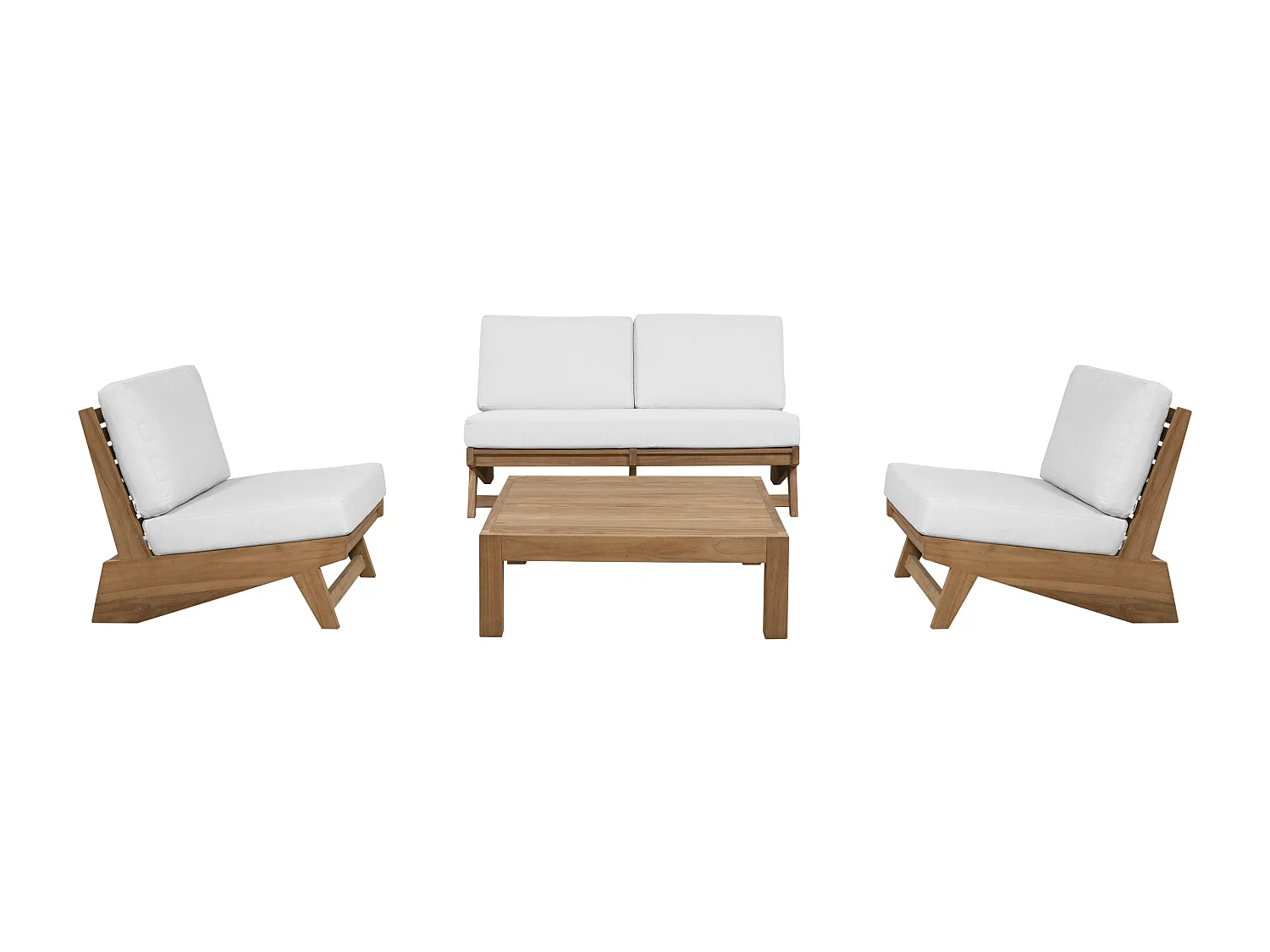 Salón de jardín en teca: un sofá de 2 plazas, 2 sillones y una mesa de centro - Natural claro y blanco - LOMANIS de MYLIA