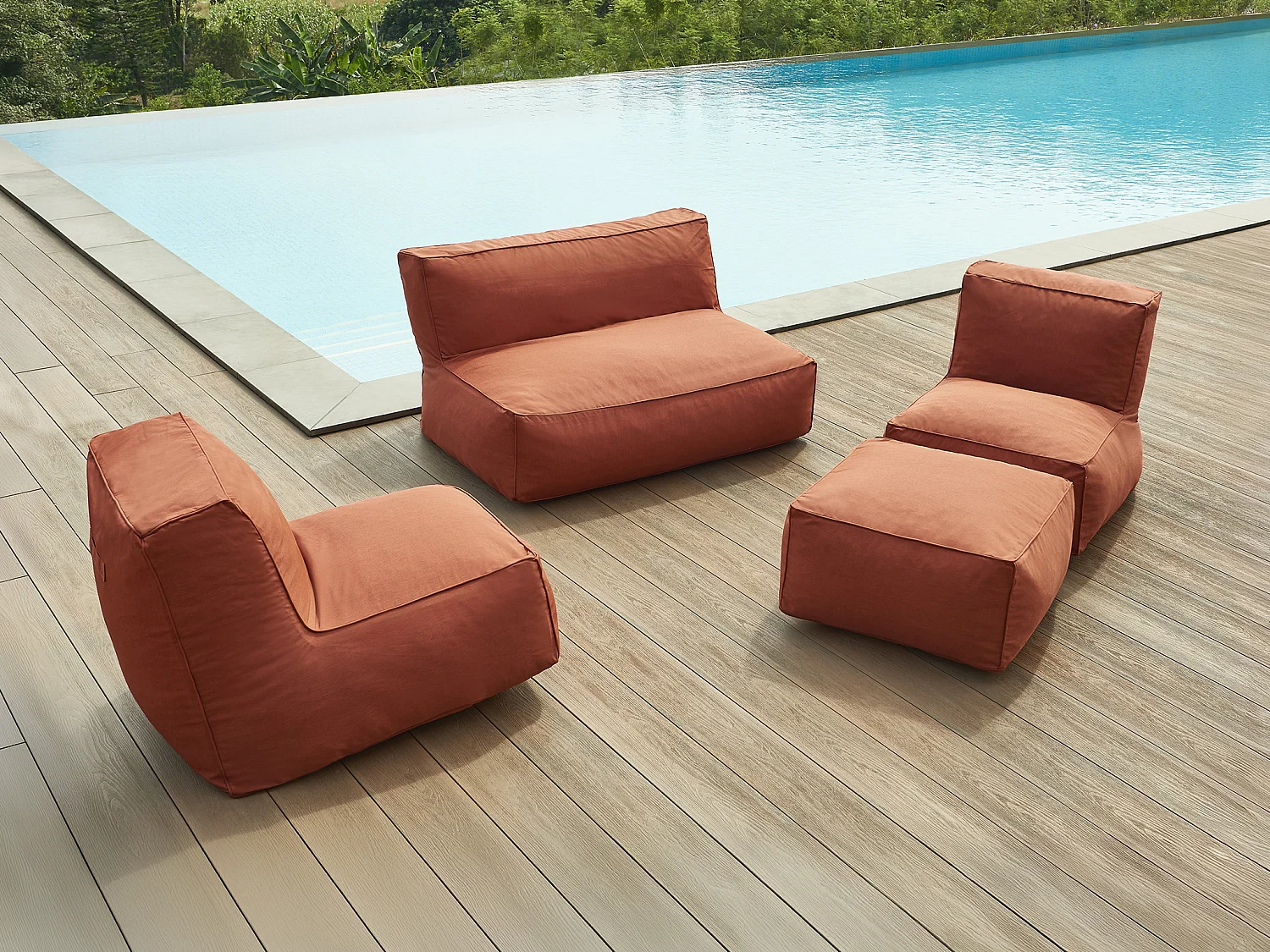 Trädgårdsmöbler i tyg för 5 personer: 1 soffa, 2 fåtöljer och en puff - Terracotta - NOUMARA från MYLIA