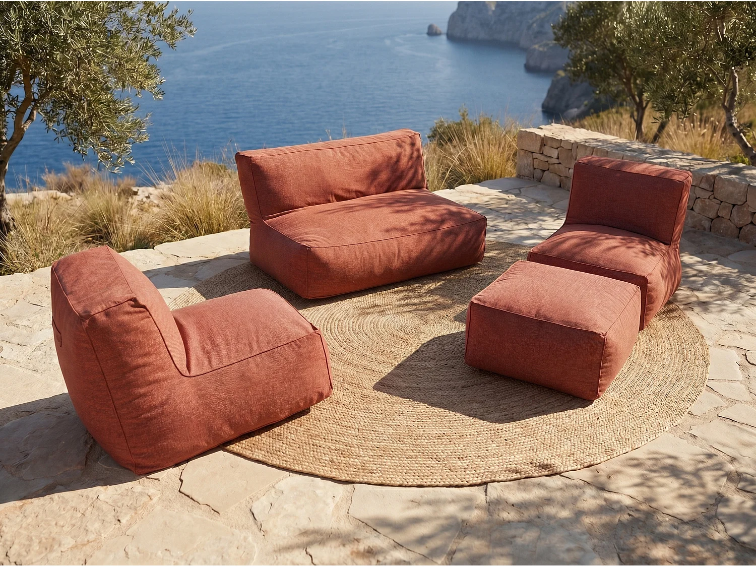 Salon de jardin en tissu 5 places : 1 canapé, 2 fauteuils et un pouf - Terracotta - NOUMARA de MYLIA