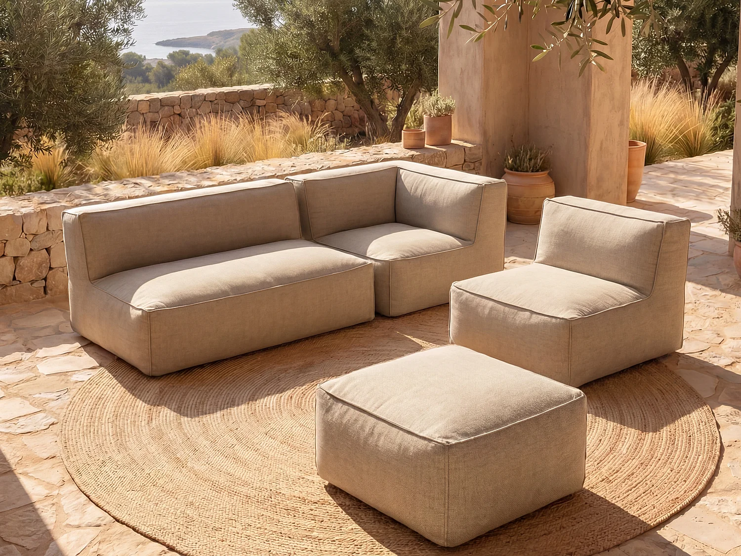Salon de jardin en tissu 5 places : 1 canapé, 1 fauteuil, 1 angle et 1 pouf - Beige - NOUMARA de MYLIA