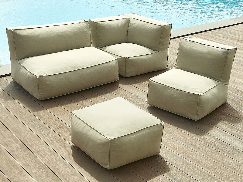 Tuinsalon van stof, 5 plaatsen: 1 zitbank, 1 fauteuil, 1 hoek en 1 poef - Beige - NOUMARA van MYLIA