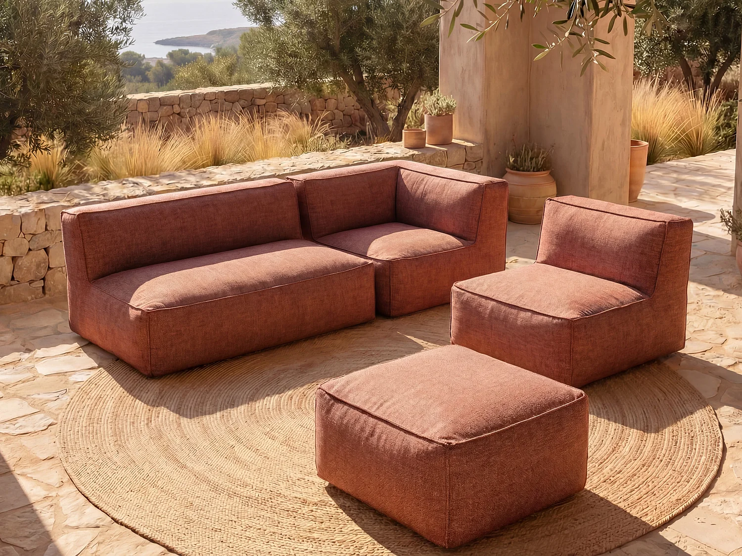 Garten-Sitzgruppe - Stoff - 5-Sitzer: 1 Sofa, 1 Sessel, 1 Sitzecke & 1 Hocker - Terracotta - NOUMARA von MYLIA