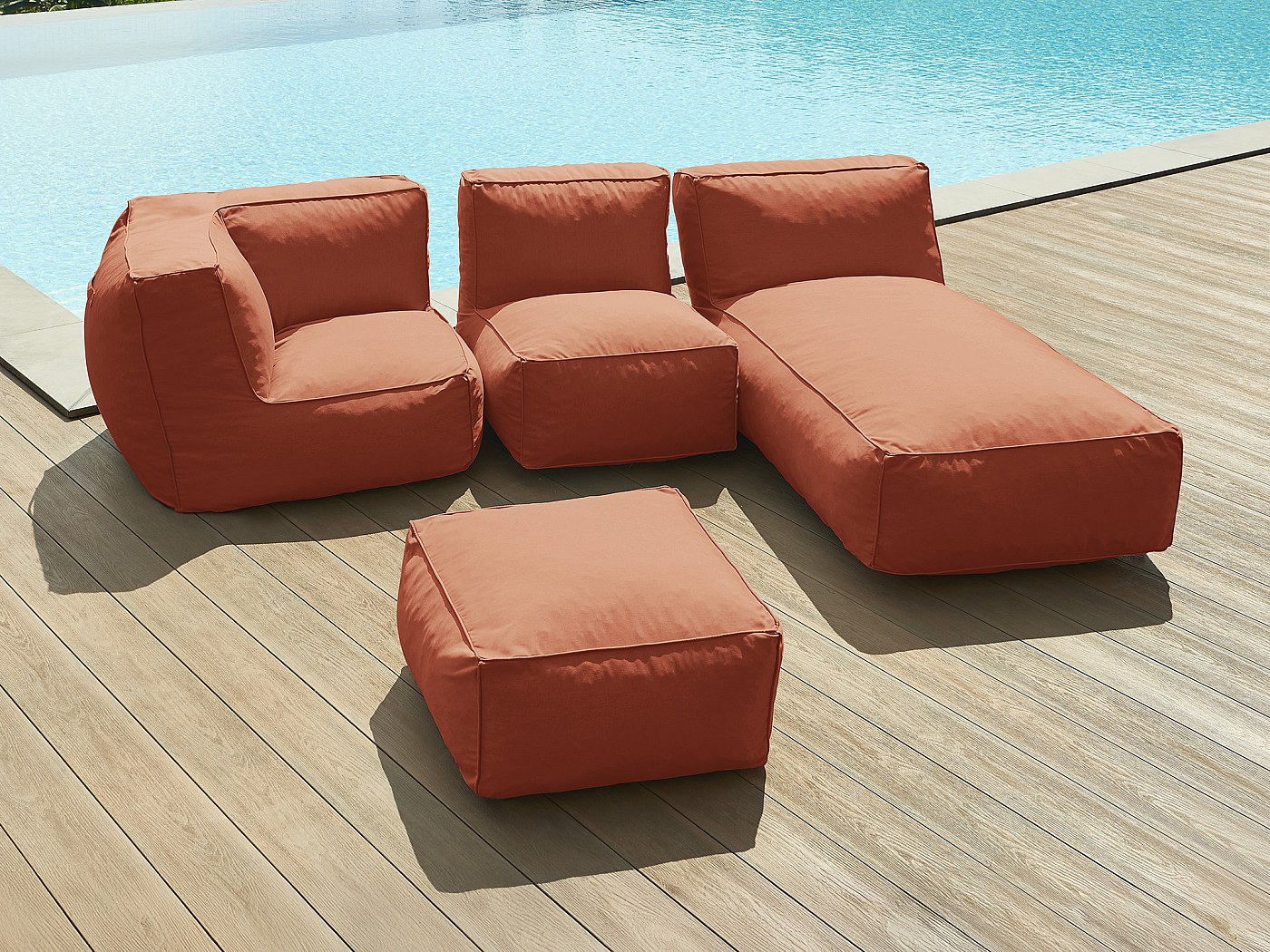 Salon de jardin en tissu terracotta - 1 fauteuil 1 angle 1 méridienne 1