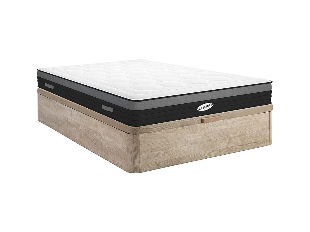 Ensemble 160 x 200 cm sommier coffre naturel clair + matelas hybride ressorts ensachés 7 zones et mémoire de forme ép.25cm - AMARANTE de NATUREA
