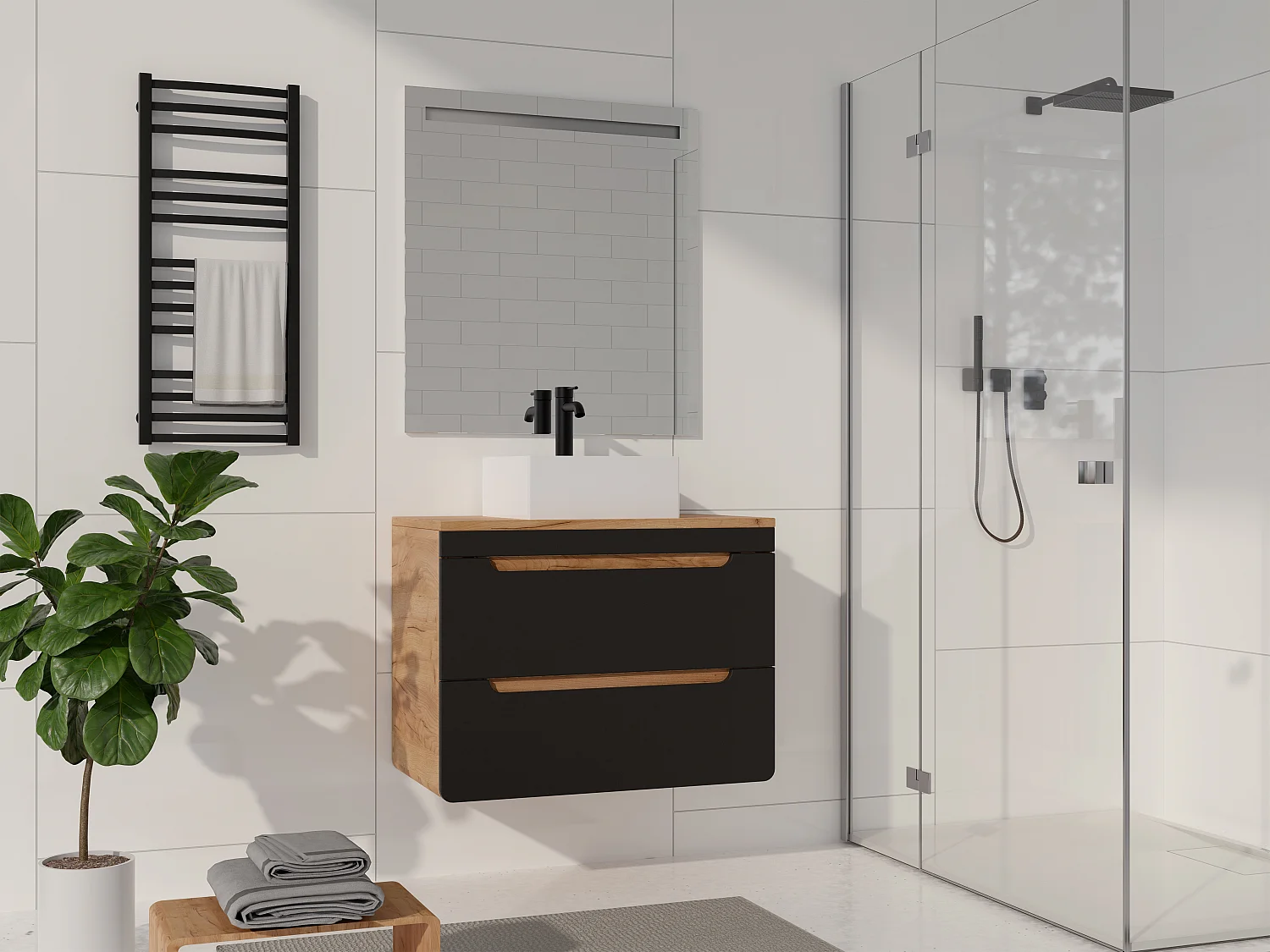 Meuble de salle de bain suspendu avec vasque à poser - 80 cm - Naturel clair et anthracite - ARUBA