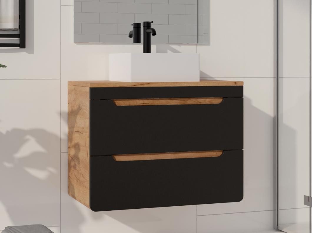 Meuble de salle de bain suspendu avec vasque à poser - 80 cm - Naturel clair et anthracite - ARUBA