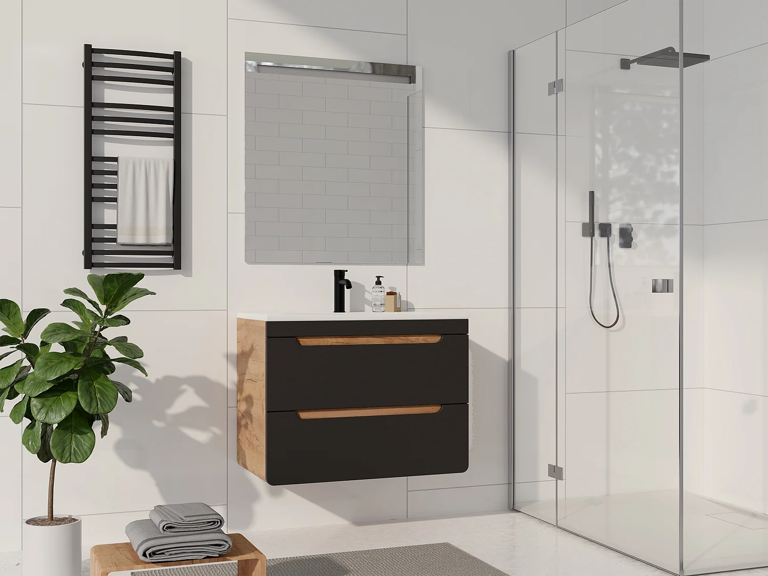 Meuble de salle de bain suspendu avec vasque à encastrer - 80 cm - Naturel clair et anthracite - ARUBA