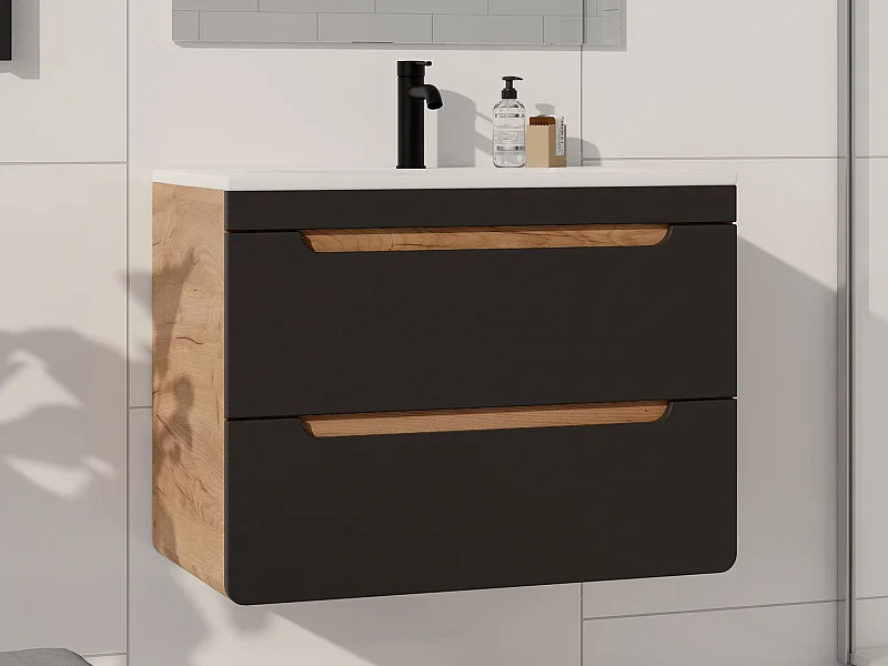 Meuble de salle de bain suspendu avec vasque à encastrer - 80 cm - Naturel clair et anthracite - ARUBA