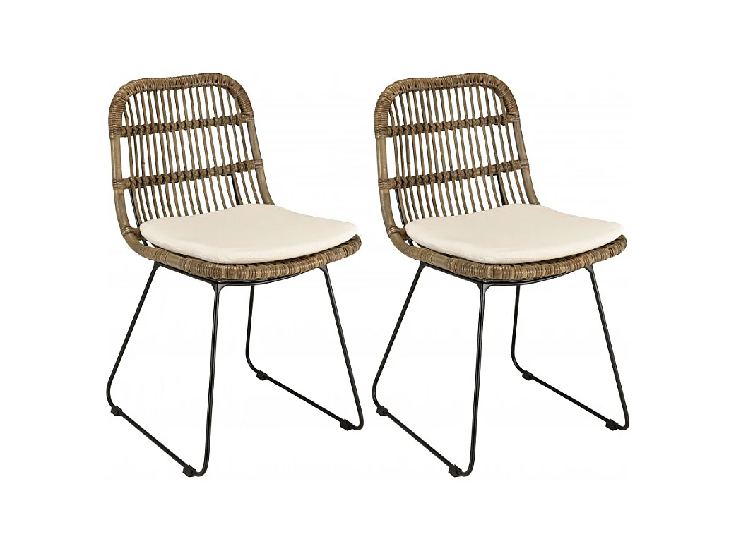 KALLY - Lot de 2 chaises en rotin grisé coussin blanc pieds métal noir