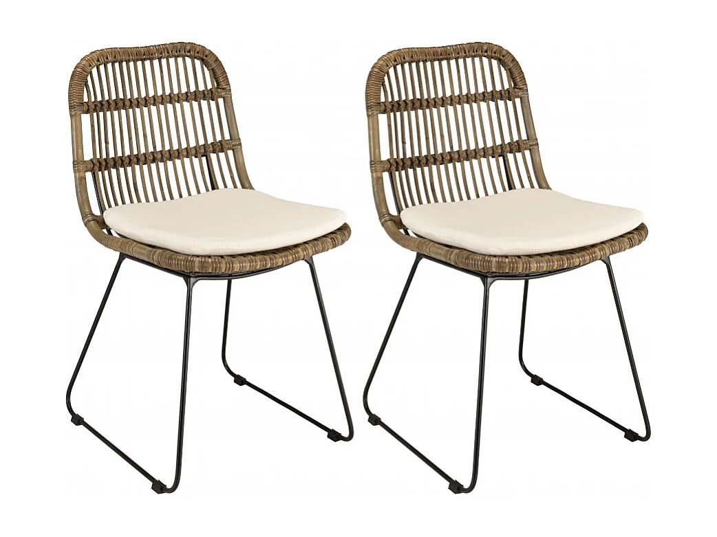 KALLY - Lot de 2 chaises en rotin grisé coussin blanc pieds métal noir