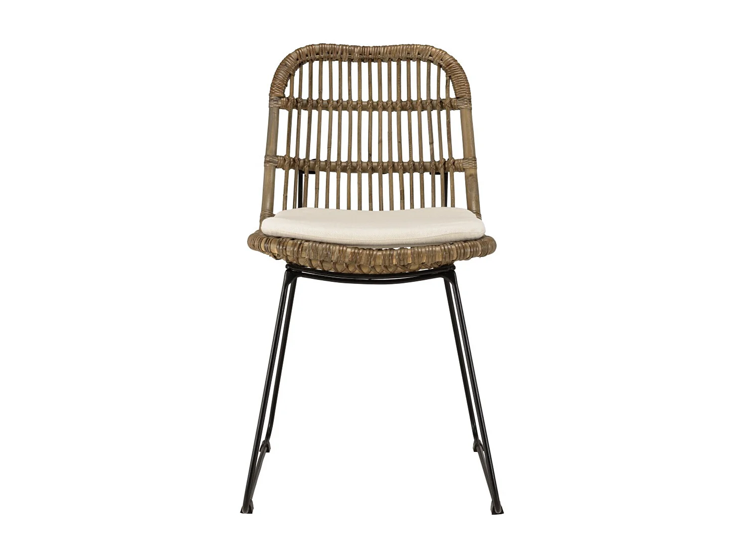 KALLY - Lot de 2 chaises en rotin grisé coussin blanc pieds métal noir