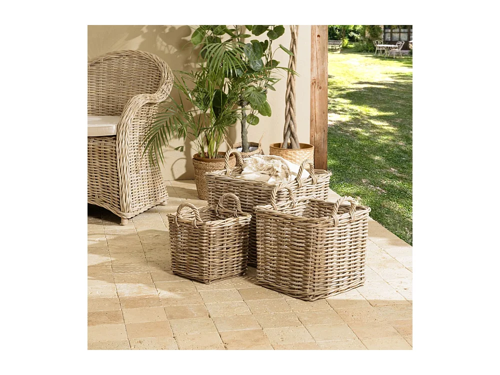 KALLY - Set de 3 paniers de rangement carrés en kubu naturel