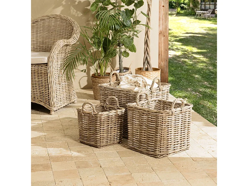KALLY - Set de 3 paniers de rangement carrés en kubu naturel