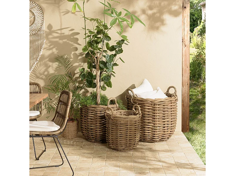 KALLY - Set de 3 paniers de rangement ronds en rotin naturel