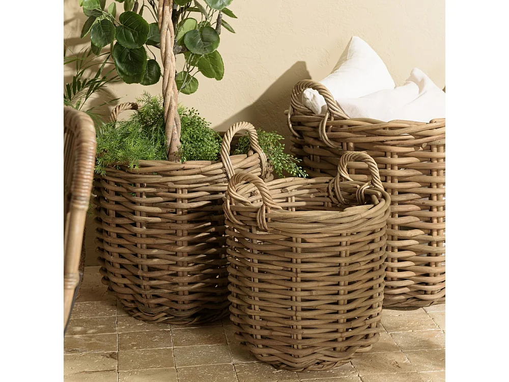 KALLY - Set de 3 paniers de rangement ronds en rotin naturel