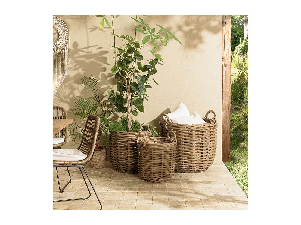 KALLY - Set de 3 paniers de rangement ronds en rotin naturel