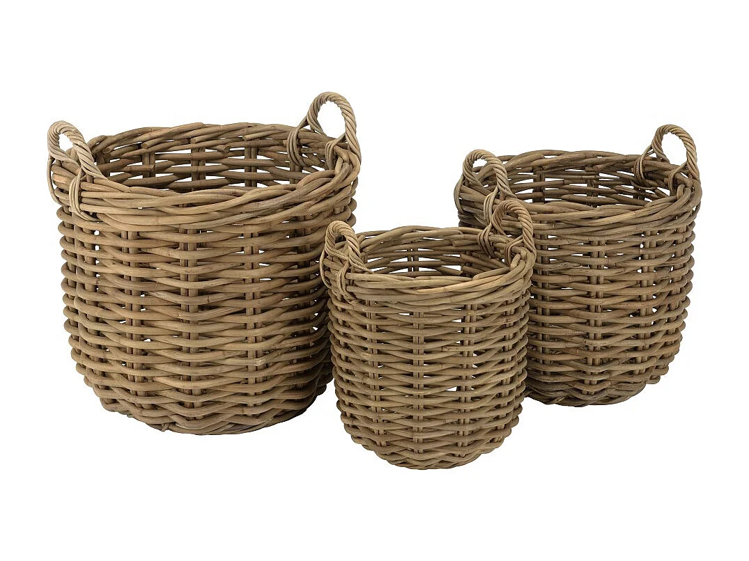 KALLY - Set de 3 paniers de rangement ronds en rotin naturel