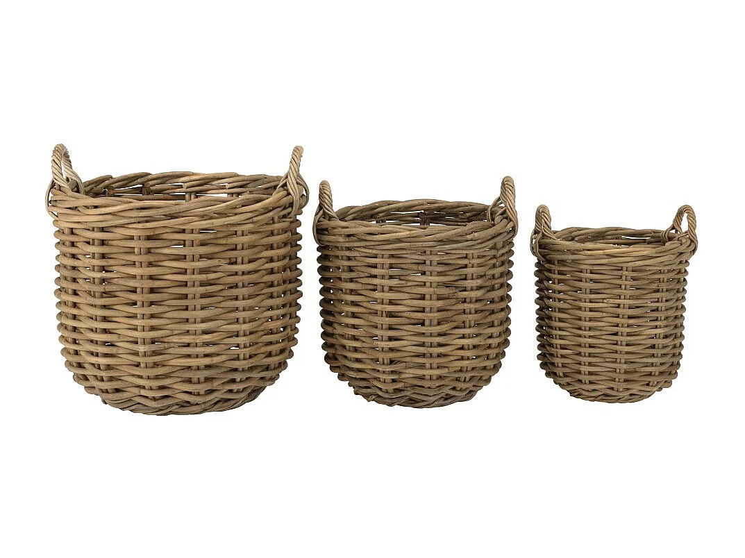 KALLY - Set de 3 paniers de rangement ronds en rotin naturel