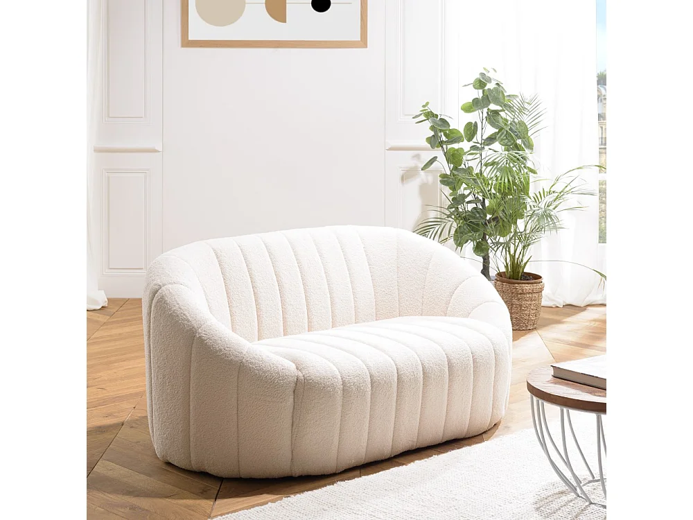 LEOPOLD - Canapé coquillage 2 places en tissu bouclette blanc