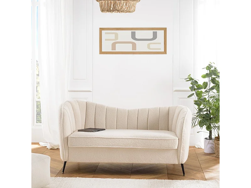 LEOPOLD - Canapé vague 2 places tissu bouclette blanc pieds métal