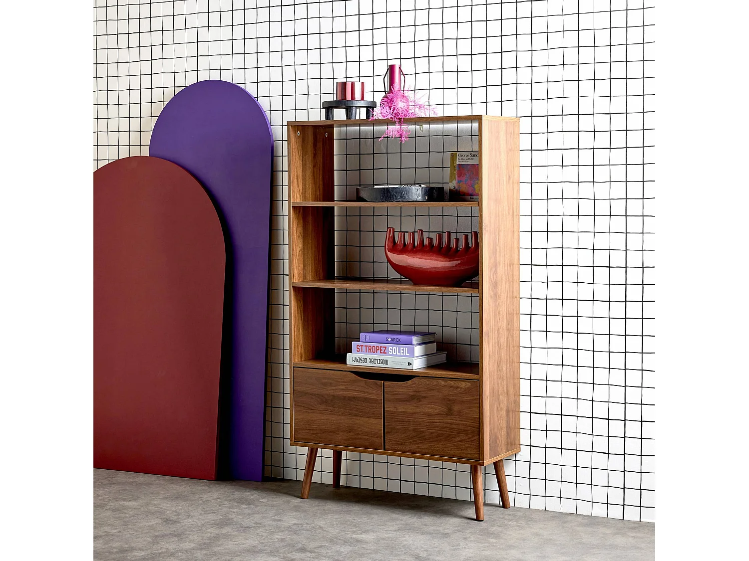 Libreria effetto noce, 2 ante e 3 livelli, noce