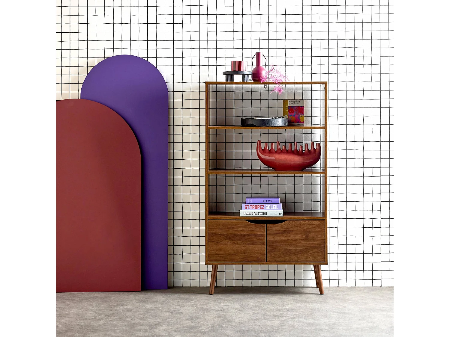 Libreria effetto noce, 2 ante e 3 livelli, noce