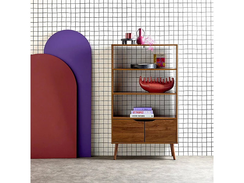 Étagère bibliothèque décor bois de noyer. 2 portes 3 niveaux