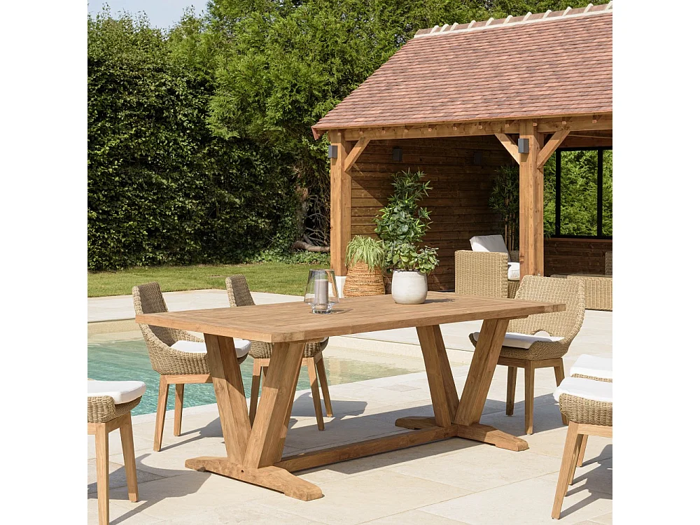 KALLY - Table à manger jardin 220cm en bois de teck recyclé pieds V