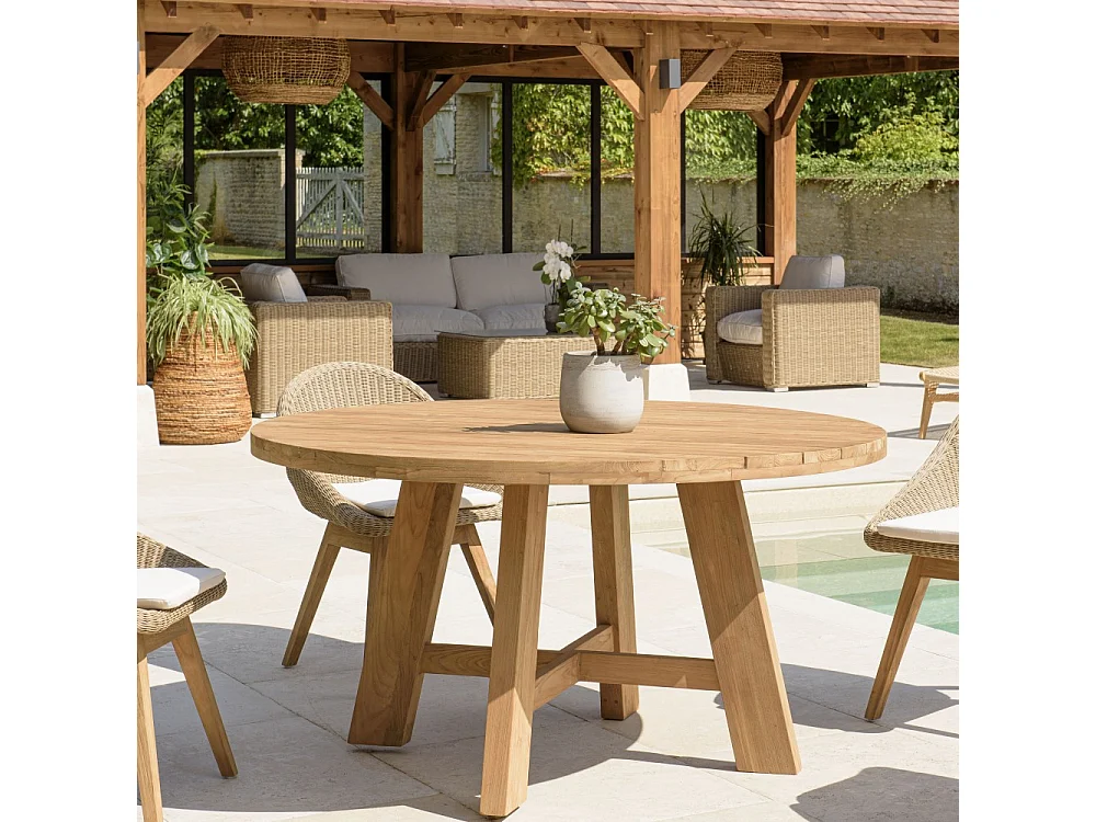 KALLY - Table à manger de jardin ronde 150x150cm en bois teck recyclé