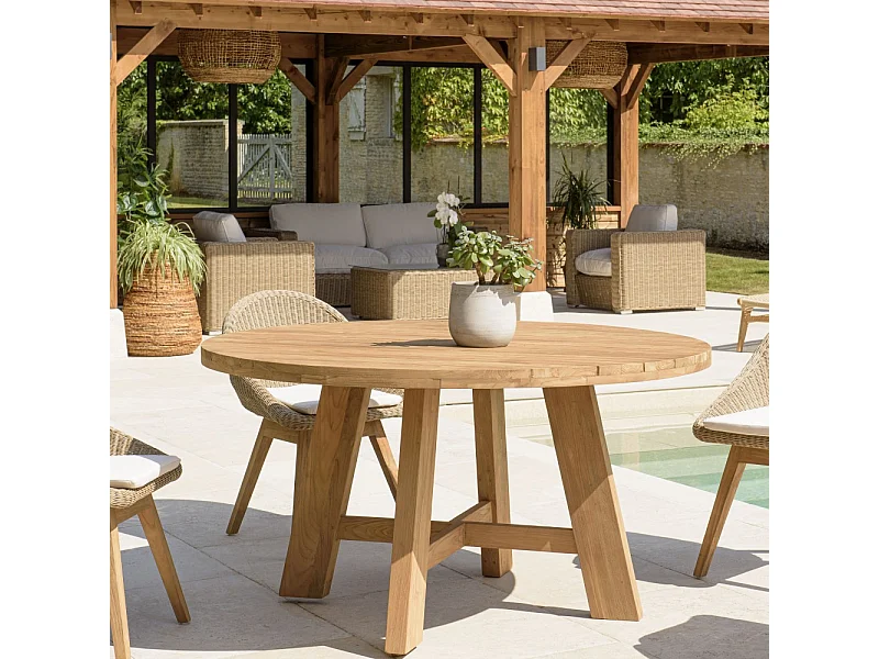KALLY - Table à manger de jardin ronde 150x150cm en bois teck recyclé