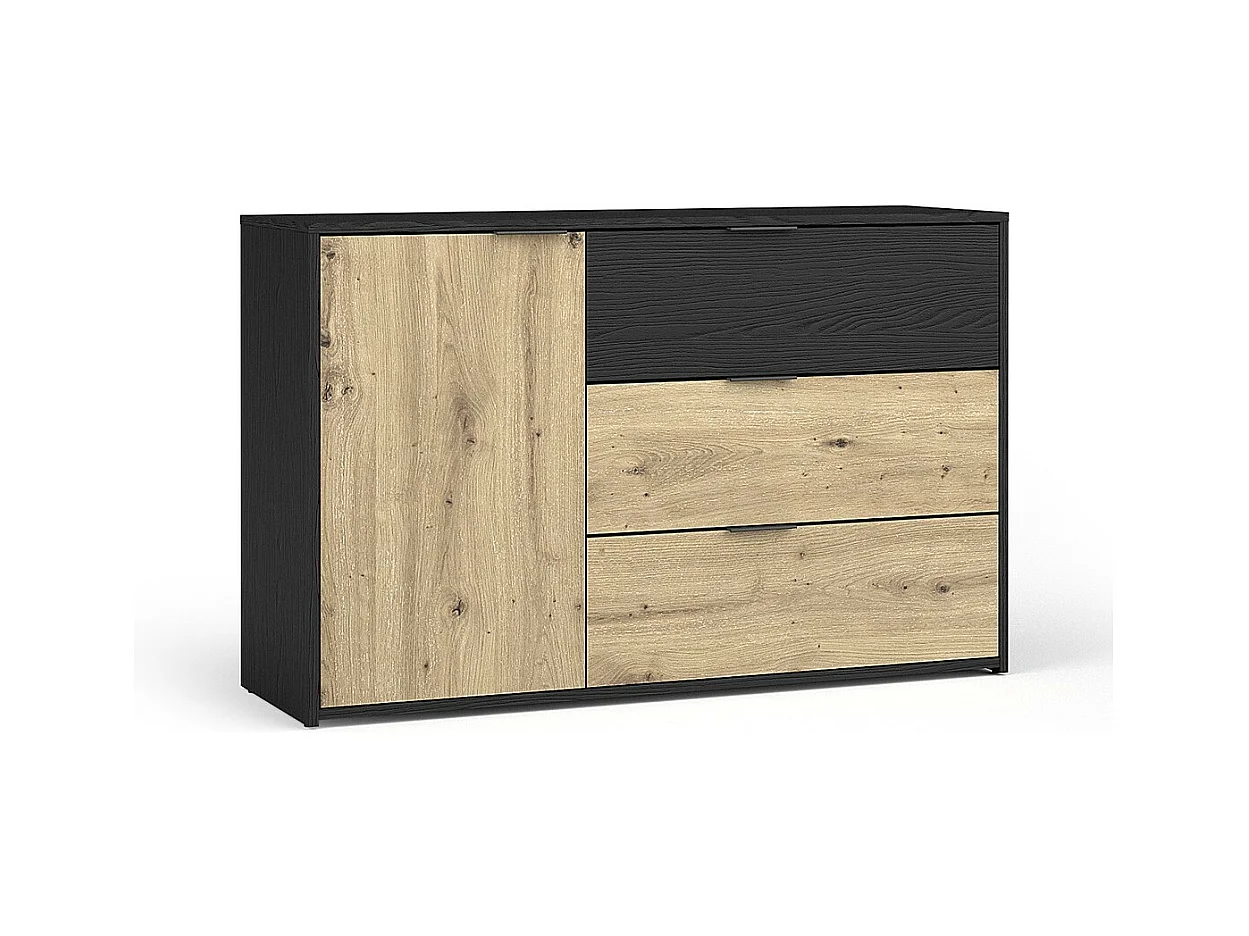 Cassettiera MELODY - 3 Cassetti e 1 Porta - 139x80x35 cm - Nero grafite e rovere chiaro