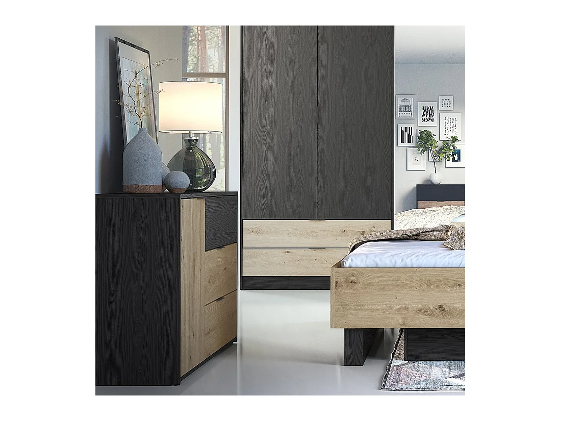 Dressoir MELODY - 3 Laden en 1 Deur - 139x80x35 cm - Grafietzwart en licht eiken