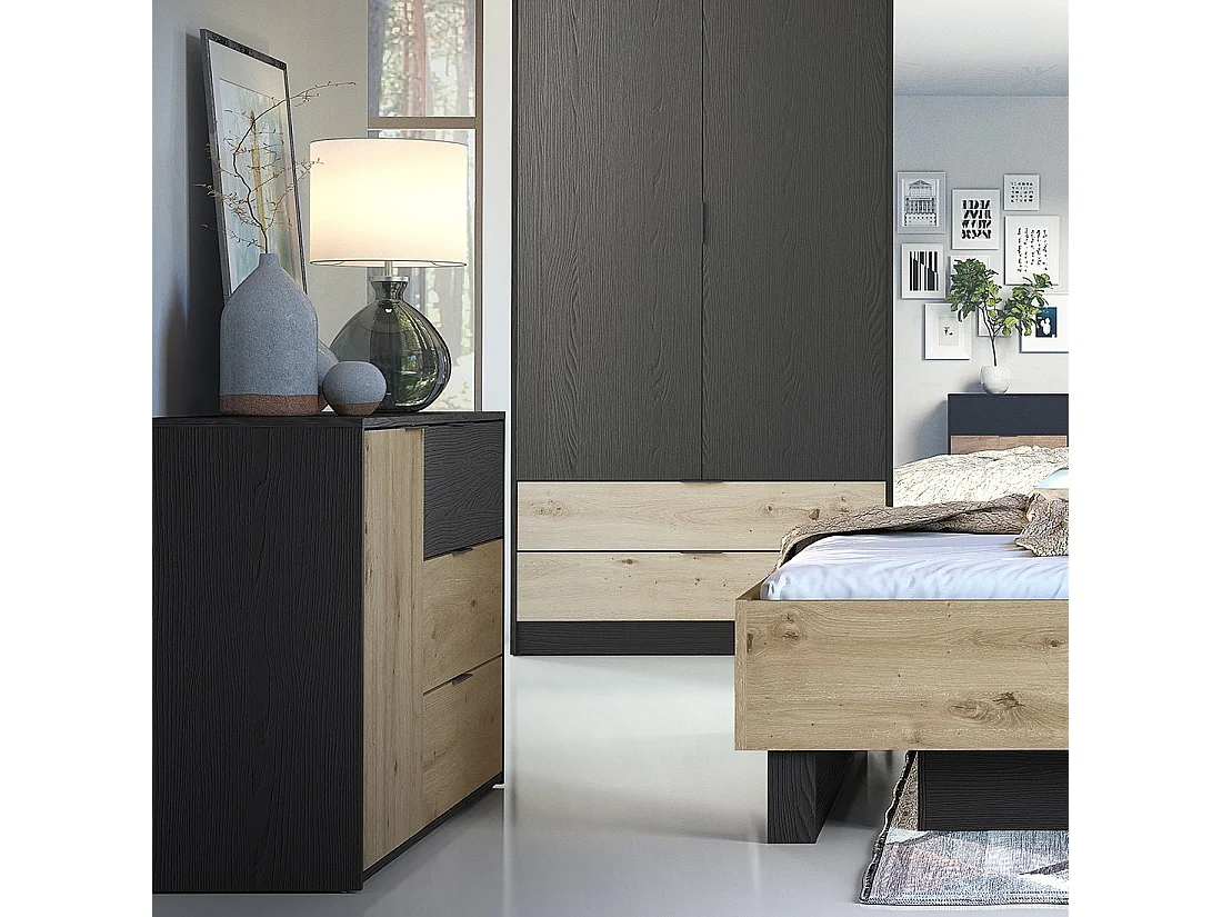 Dressoir MELODY - 3 Laden en 1 Deur - 139x80x35 cm - Grafietzwart en licht eiken