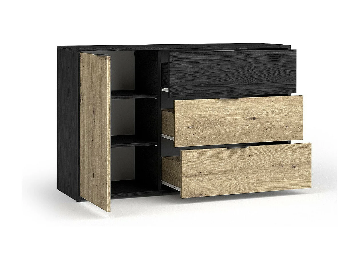 Dressoir MELODY - 3 Laden en 1 Deur - 139x80x35 cm - Grafietzwart en licht eiken