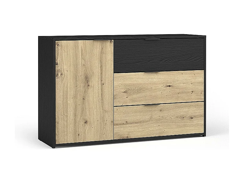 Commode MELODY - 3 Tiroirs et 1 Porte - 139x80x35 cm - Noir graphite et chêne clair