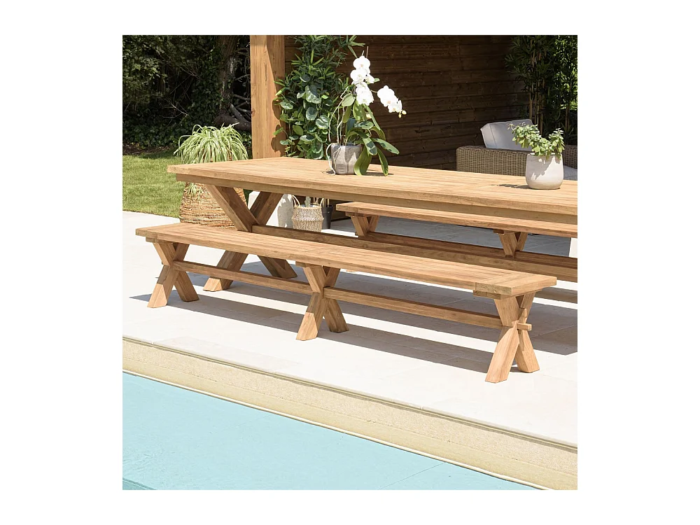 KALLY - Banc de jardin 270x35cm en bois teck recyclé pieds croisés