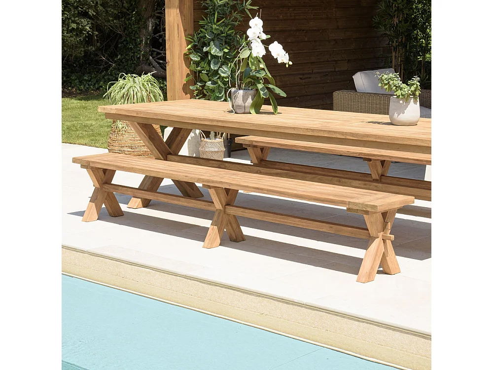 KALLY - Banc de jardin 270x35cm en bois teck recyclé pieds croisés