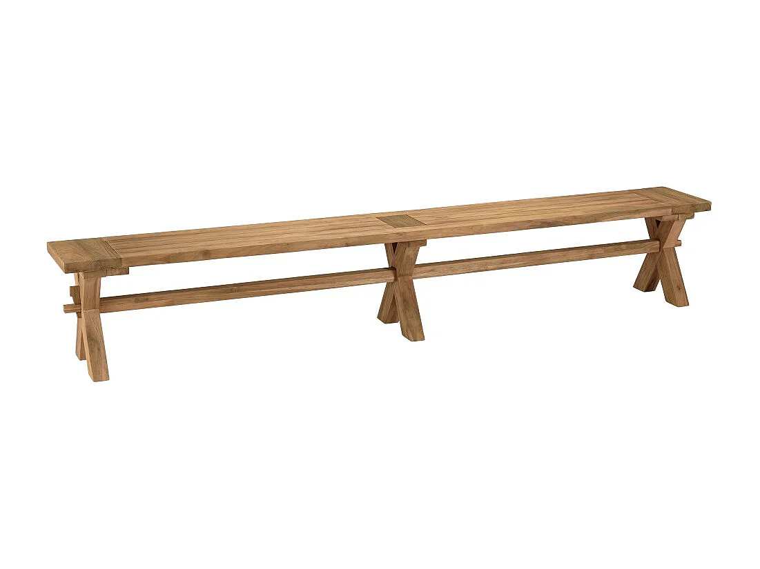 KALLY - Banc de jardin 270x35cm en bois teck recyclé pieds croisés