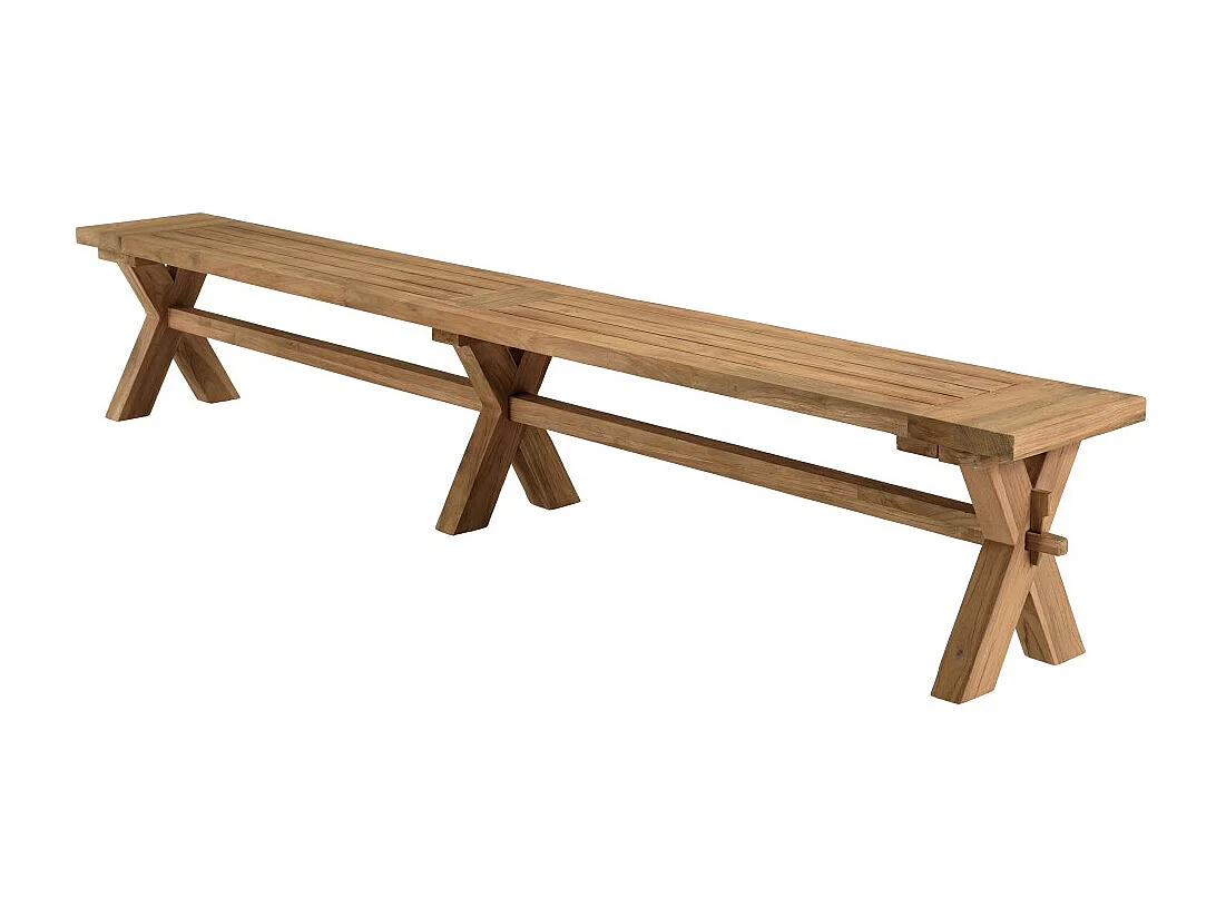 KALLY - Banc de jardin 270x35cm en bois teck recyclé pieds croisés