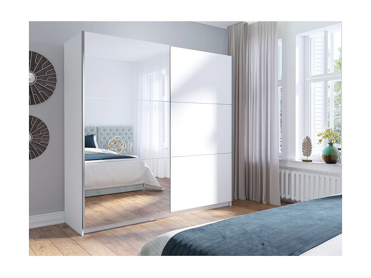 Armoire 2 portes coulissantes avec miroir - 150 cm- blanc alpin mat - collection ARSALA