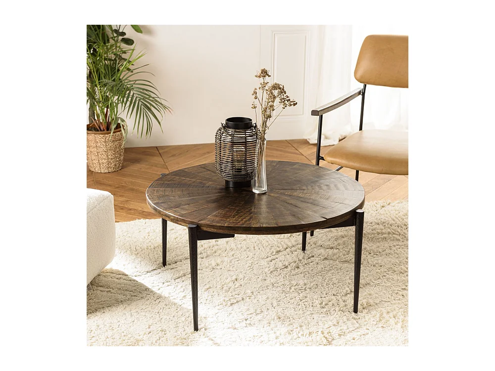 KIARA - Table basse ronde 80x80cm bois recyclé pieds métal