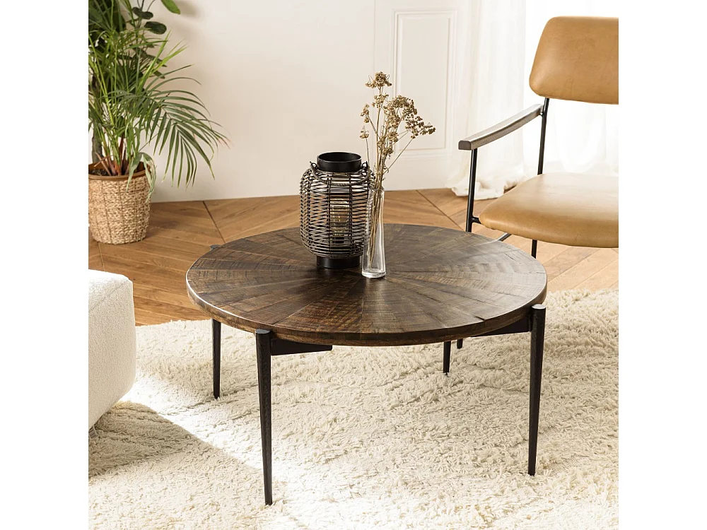 KIARA - Table basse ronde 80x80cm bois recyclé pieds métal noir