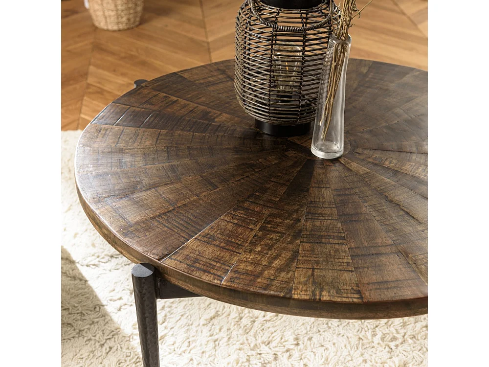 KIARA - Table basse ronde 80x80cm bois recyclé pieds métal noir
