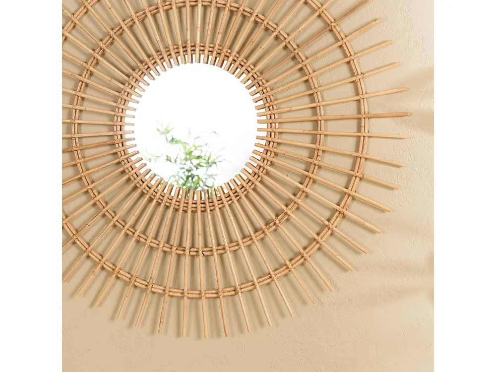 KALLY - Miroir rond 100cm modèle soleil en rotin couleur brun miel